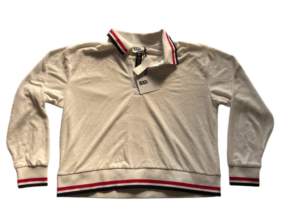 Beach Riot Terry Collared Pullover Sweatshirt Womens M White Red Navy Stripe NWT